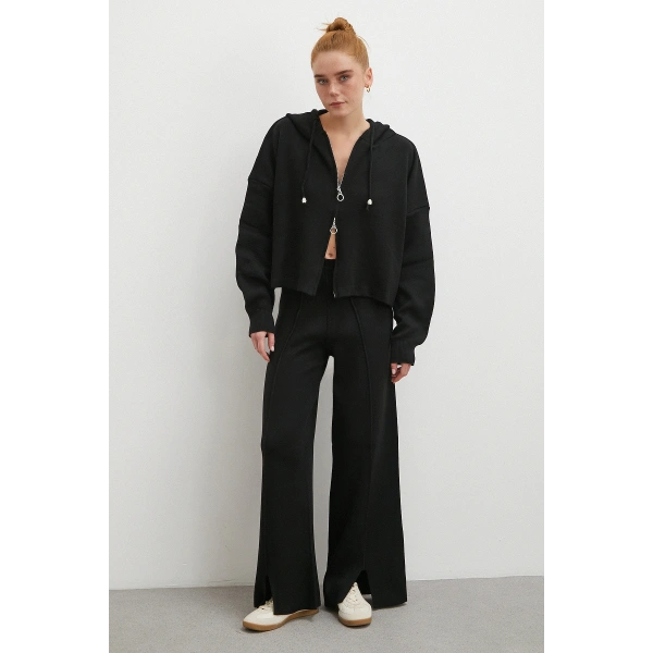 Çift Fermuarlı Kapüşonlu Pantolonlu Takım Siyah