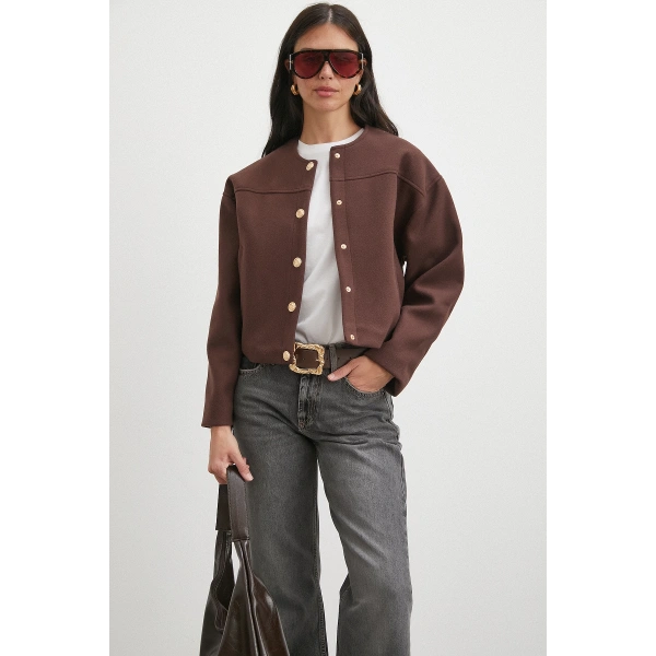 Beli Lastikli Düğmeli Bomber Ceket Kahve