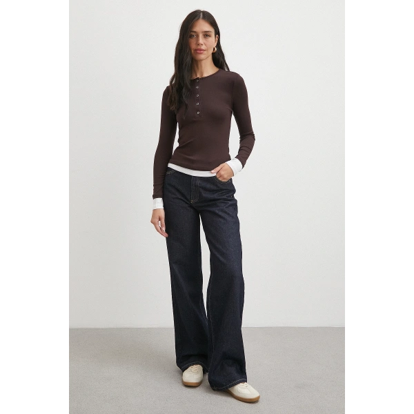 Garnili Çıtçıtlı Bluz Kahve