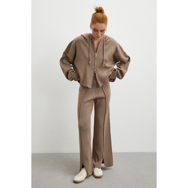 Çift Fermuarlı Kapüşonlu Pantolonlu Takım Vizon