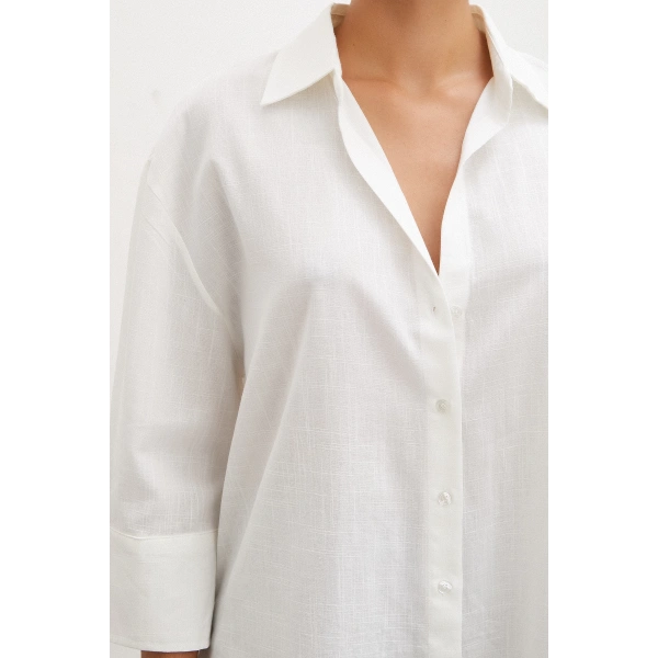 Geniş Manşetli Keten Gömlek Ekru