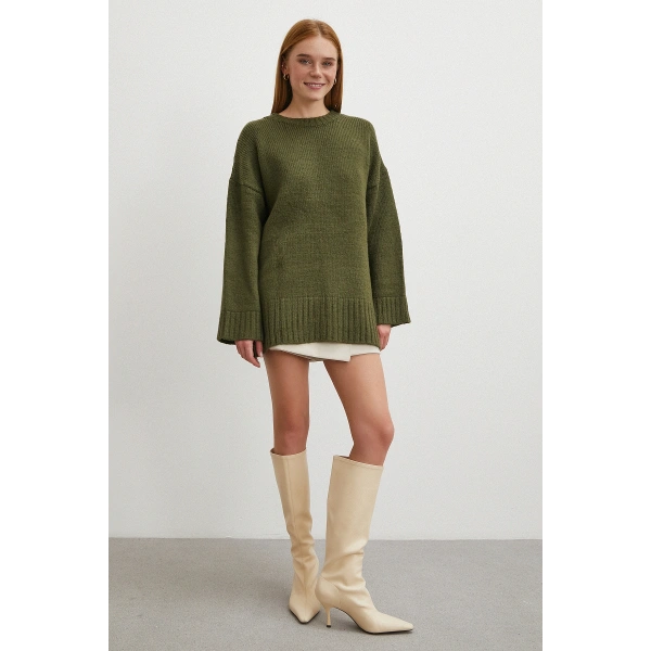 Bisiklet Yaka Fitilli Triko Kazak Haki