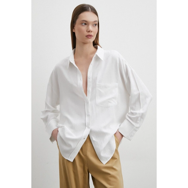 Keten Karışımlı Linen Prunes Gömlek Beyaz