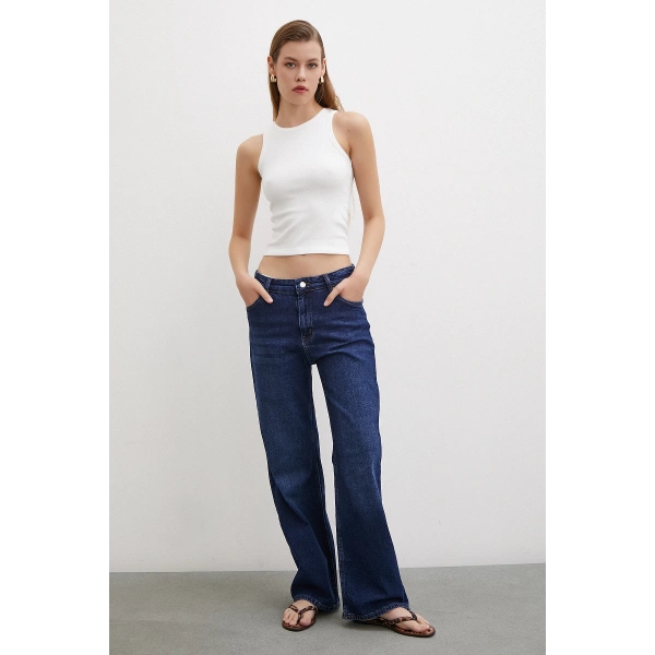 Yüksel Bel Wide Leg Jean Lacivert
