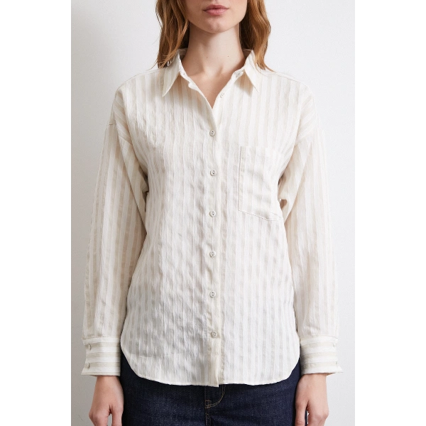 Multi Çizgili Cepli Gömlek Bej