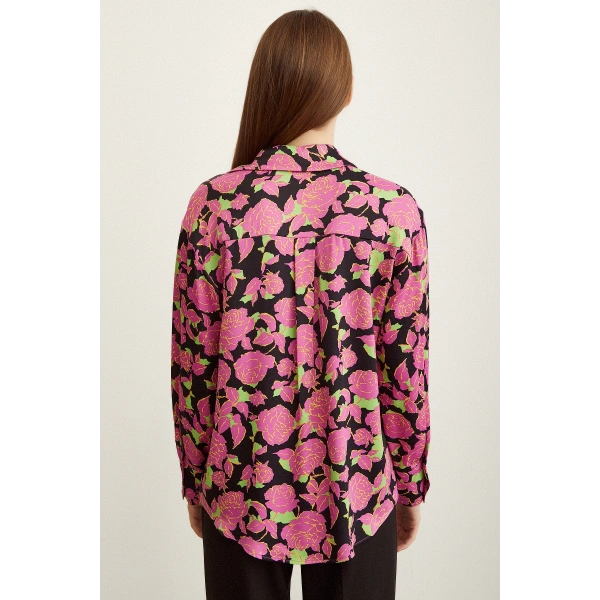 Gül Desenli Saten Gömlek Pembe