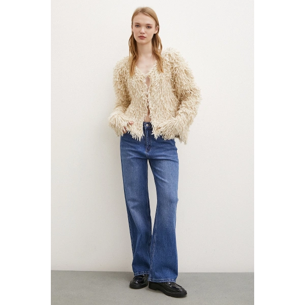 V Yaka Saçaklı Hırka Ekru