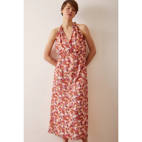 Çiçek Desenli Askılı Elbise Krem