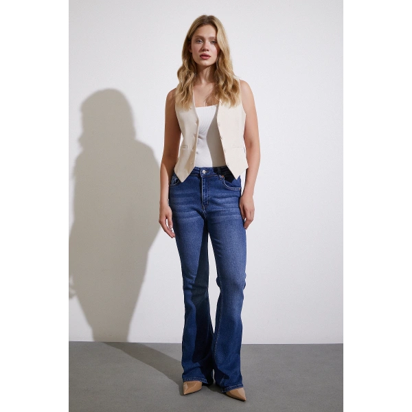 Yüksek Bel İspanyol Paça Jean Lacivert