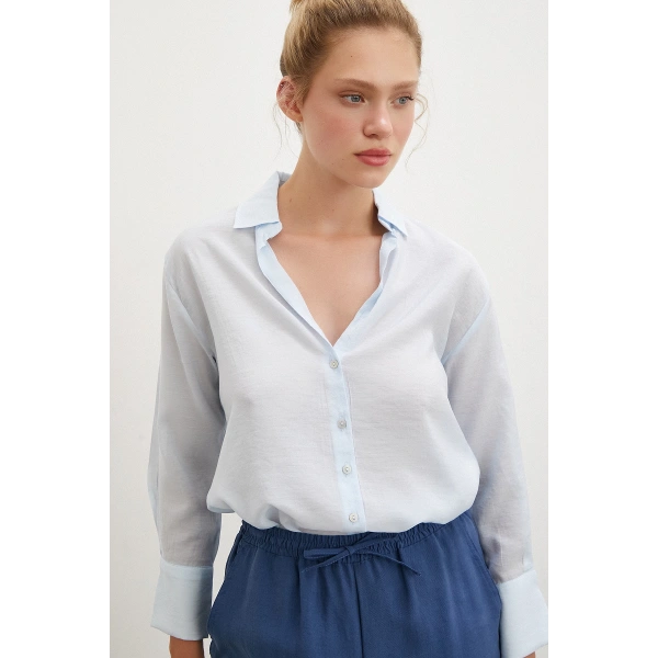 V Yaka Robalı Gömlek Mavi