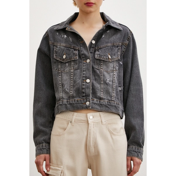 Sırtı Nakışlı Kot Mont Antirasit