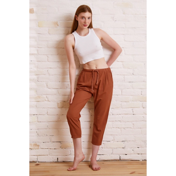 Beli İpli Salaş Gabardin Pantolon Kiremit