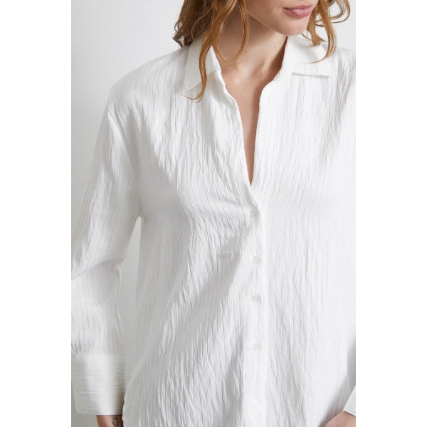 Geniş Manşetli Çizgili Gömlek Beyaz