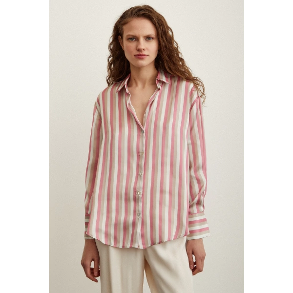 Çizgili Saten Gömlek Pembe