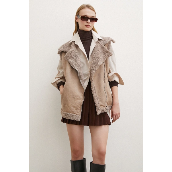 Süet Yünlü Deri Yelek Vizon