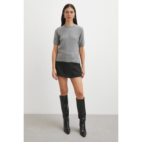 Simli Kısa Kol Kazak Gri