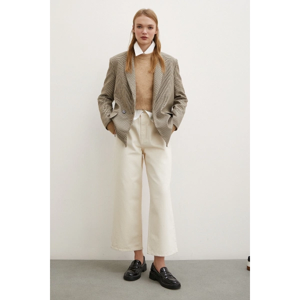 Yüksek Bel Geniş Paça Mom Jean Ekru