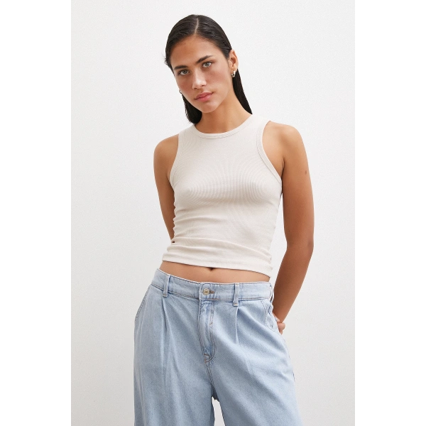 Bisiklet Yaka Top Bej