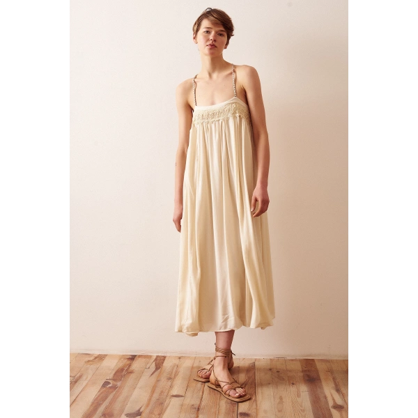 Dantel Detaylı Askılı Salaş Elbise Krem