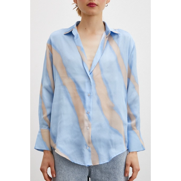 Desenli V Yaka Saten Gömlek Mavi