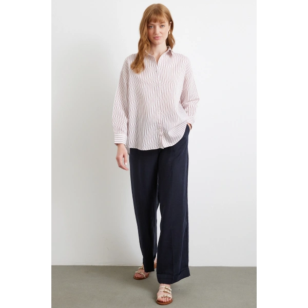 Simetrik Çizgili Gömlek Bordo