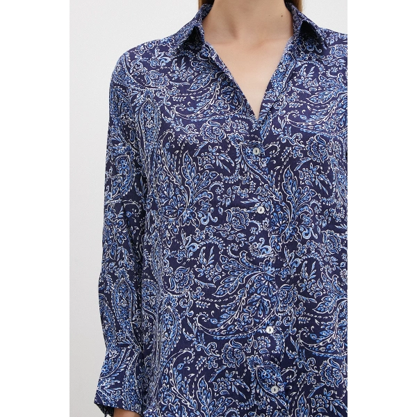 Şal Desenli Saten Gömlek Lacivert