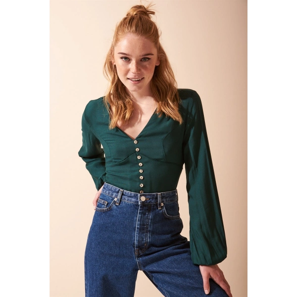 Düğme Detaylı V Yaka Uzun Kol Bluz Yeşil