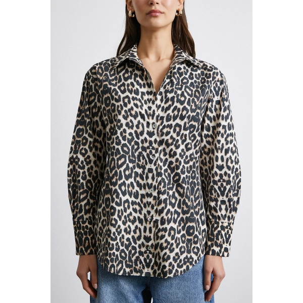 Leopar Desenli Saten Gömlek Bej