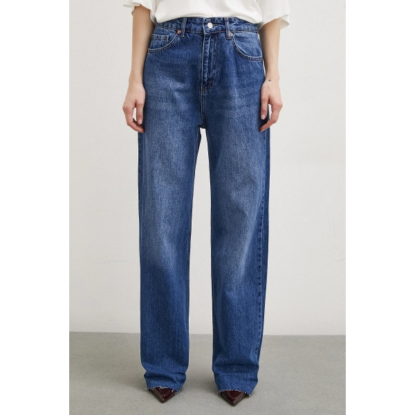 Yüksek Bel Dar Paça Mom Jean Mavi