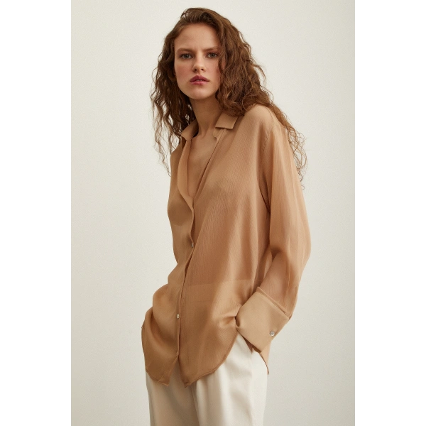 V Yaka Tül Gömlek Nude