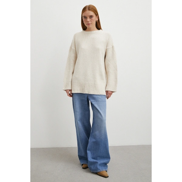 Bisiklet Yaka Fitilli Triko Kazak Ekru