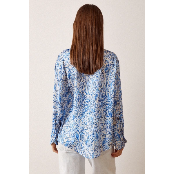 V Yaka Desenli Saten Gömlek Saks