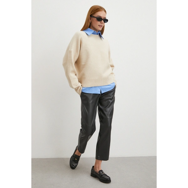 Kemerli Lastikli Deri Pantolon Siyah