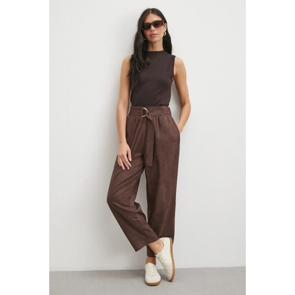 Beli Büzgülü Kemer Tokalı Pantolon Kahve