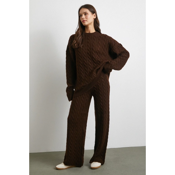 Desenli Şardonlu Triko Takım Kahve