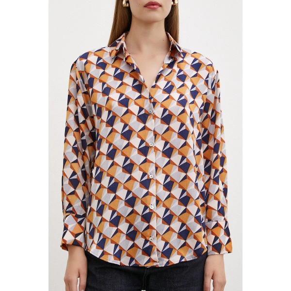 Desenli Saten Gömlek Pudra