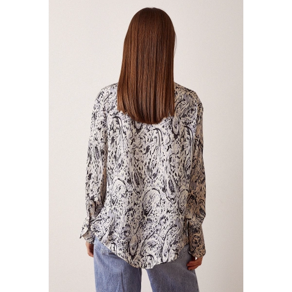 V Yaka Desenli Saten Gömlek Siyah