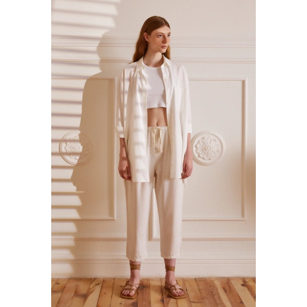 Beli İpli Salaş Gabardin Pantolon Ekru