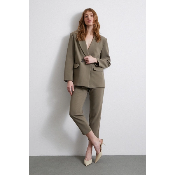 Önü Pensli Skinny Kumaş Pantolon Haki