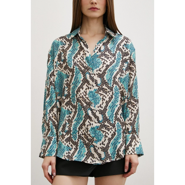 Yılan Desen Saten Gömlek Yeşil