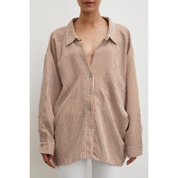 Yarasa Kol Çizgili Gömlek Kahve