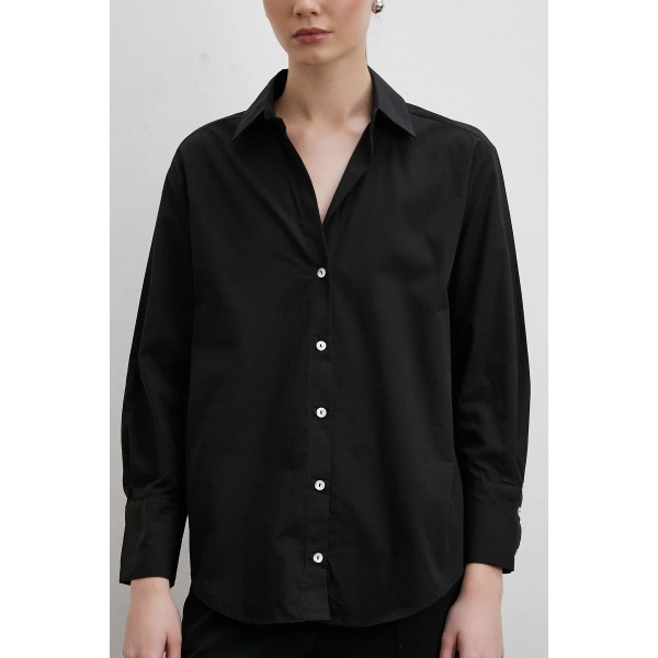 V Yaka Pamuk Gömlek Siyah