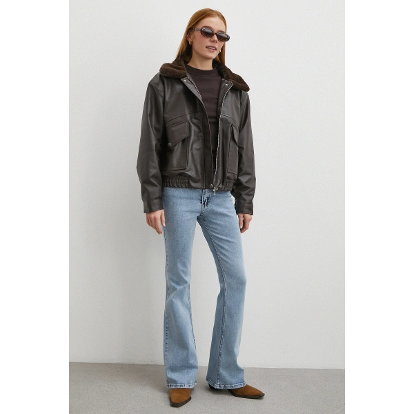 Peluş Astar Detaylı Deri Mont Kahve