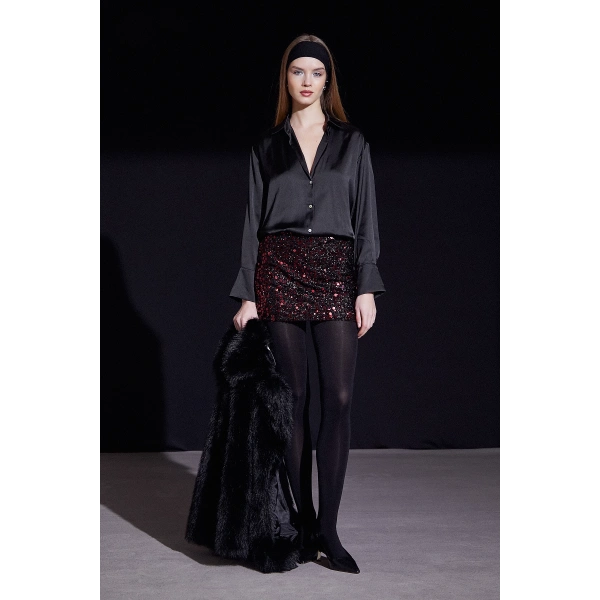 Pul Detaylı Mini Etek Bordo