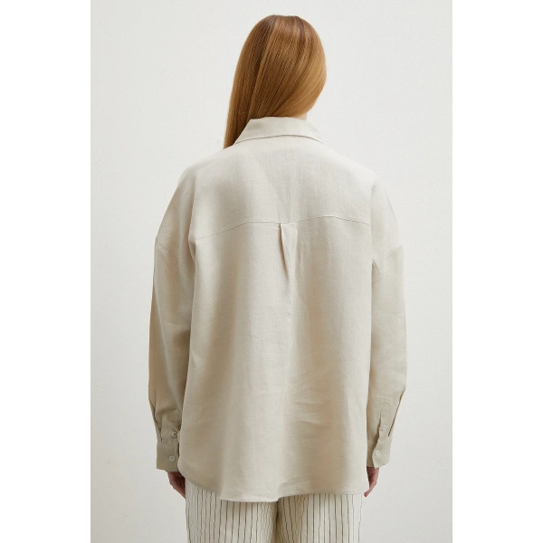 Robalı Cepli Keten Gömlek Taş