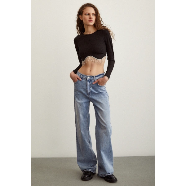 Parlak Taşlı Crop Siyah