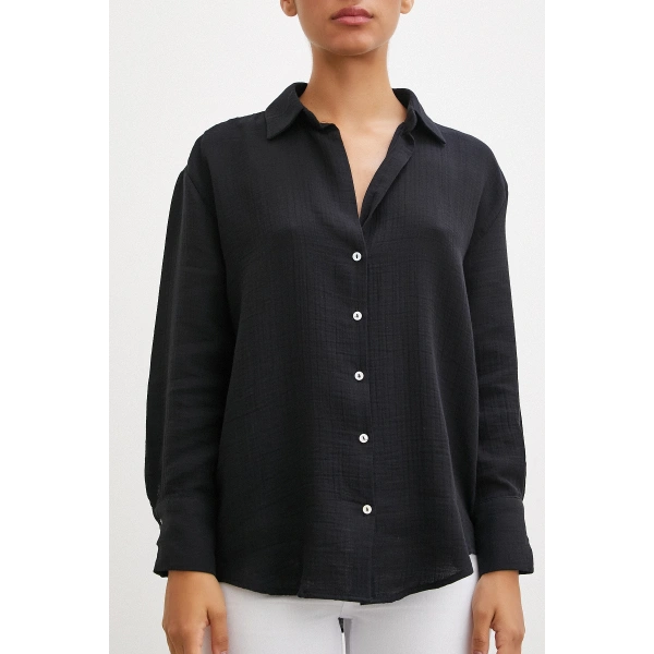 Krinkıl V Yaka Gömlek Siyah