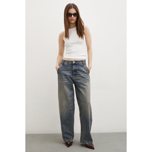 Yüksek Bel Baggy Jean Lacivert