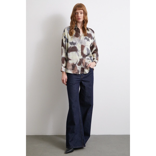 Batik Desen Saten Gömlek Kahve