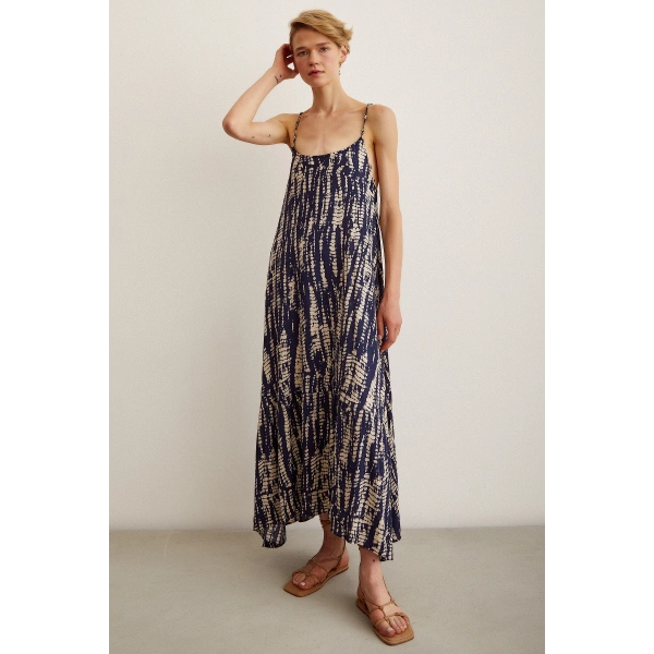 Boncuk Askılı Salaş Elbise Lacivert / Bej